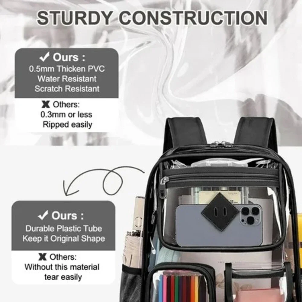 Clear Backpack Black Trim 16 Inch Anti-Theft Buckle Zipper Bag